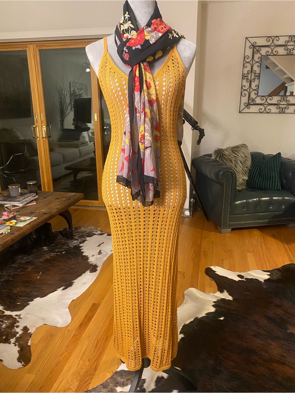 Sleeveless Crochet Maxi Dress - Mustard Yellow - Orange